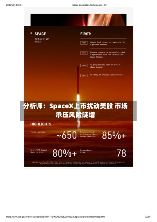 分析师：SpaceX上市扰动美股 市场承压风险陡增