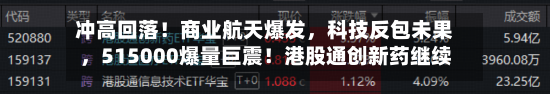 冲高回落！商业航天爆发，科技反包未果，515000爆量巨震！港股通创新药继续猛攻，520880单周暴涨超16%