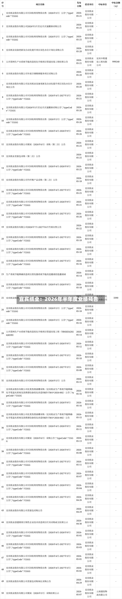 宜宾纸业：2026年半年度业绩预告