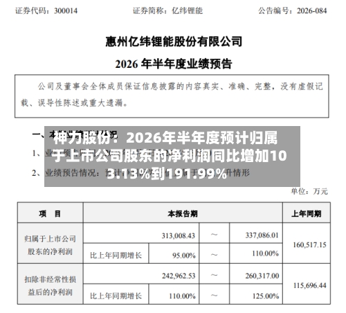 神力股份：2026年半年度预计归属于上市公司股东的净利润同比增加103.13%到191.99%-第2张图片