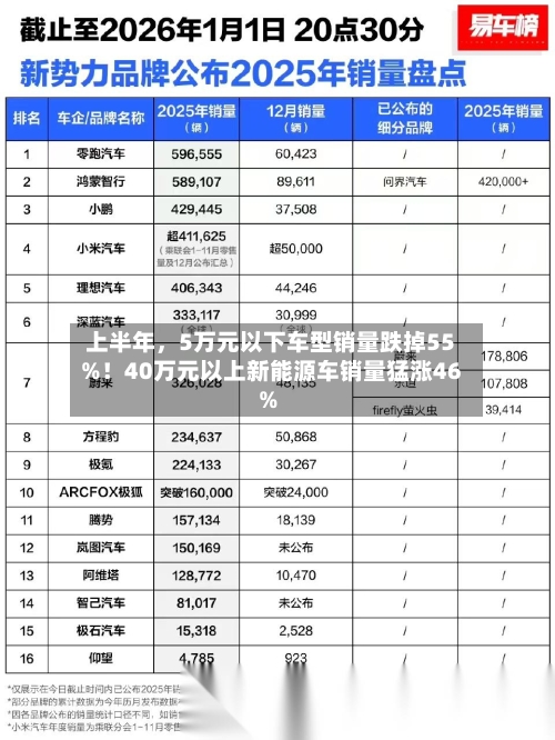 上半年	，5万元以下车型销量跌掉55%！40万元以上新能源车销量猛涨46%-第2张图片